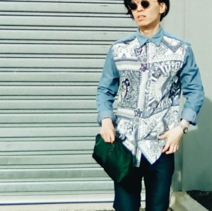 Jean Paul Gaultier X Target Australia Denim Bandana print shirt OOTD close up